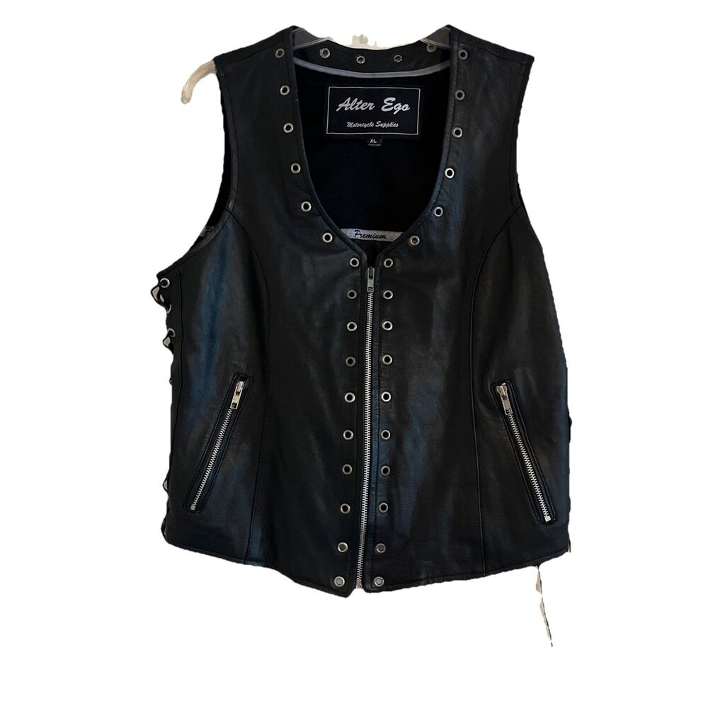 Alter Ego Motorcycle Vest Women’s XL Black Silver Grommets Hardware Lace Up Zip
